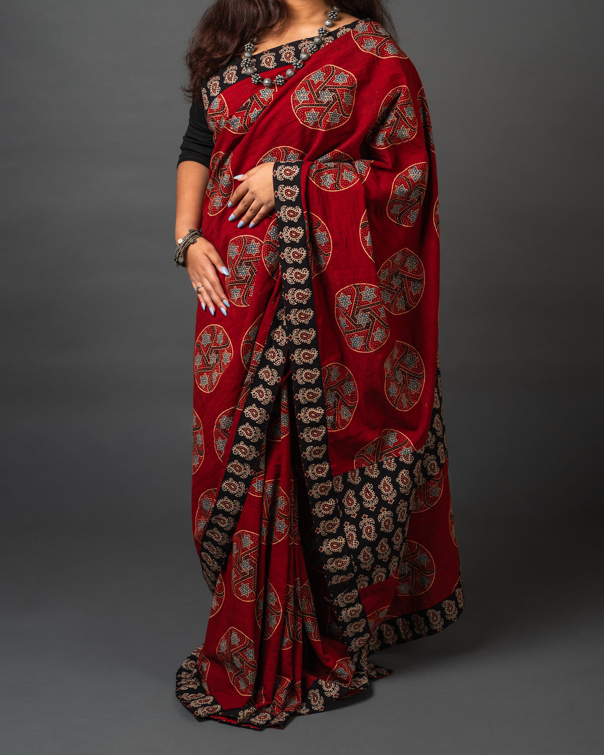 Ajrakh Cotton Block Print Saree 02